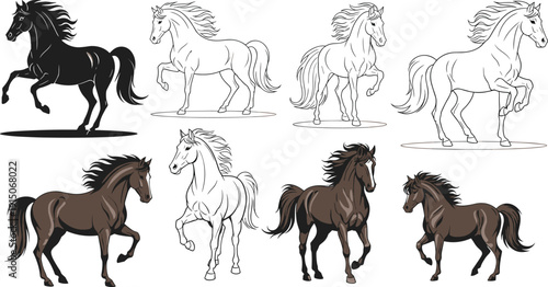 Running Horse Illustration Set with Black White and Brown Galloping Equine Poses Realistic Line Art and Flat Vector Collection