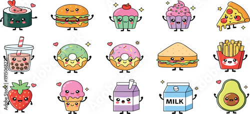 Kawaii Fast Food and Dessert Characters Set with Burger Donut Milk Avocado Fries and Bubble Tea Cute Cartoon Vector Collection