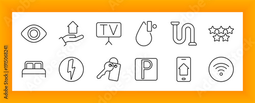 Hotel service set icon. Eye, hand, TV, droplet, pipe, stars, bed, bolt, key, parking, phone, and Wi-Fi signal icons used in accommodation, utility, comfort, and hospitality settings.