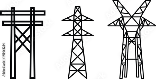 Set of electricity transmission tower and utility pole icons, black vector pylon silhouettes for power grid infrastructure design, engineering diagrams, industrial graphics, 