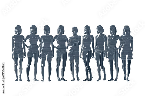 Group of women standing together in various poses and outfits on transparent background