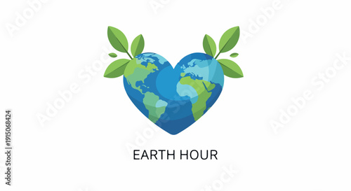 Earth Hour logo with a heart-shaped Earth and green leaves on a white background