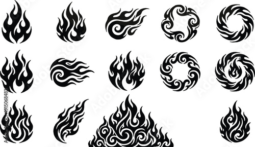 Collection of stylized flame icons and tribal fire symbols, black vector silhouettes set for tattoo design, logo branding, fantasy graphics, heat elements, illustration art.