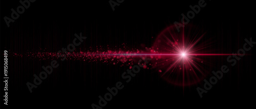 Dynamic optical flare with scattered glowing particles and strong luminous beam. Suitable for cinematic overlays, futuristic lighting, and motion graphics.