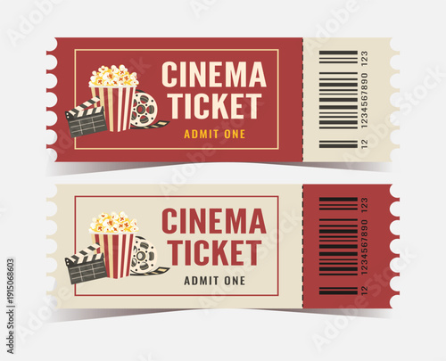 Vector movie tickets isolated on white background. Movie ticket with popcorn and clapperboard icons.