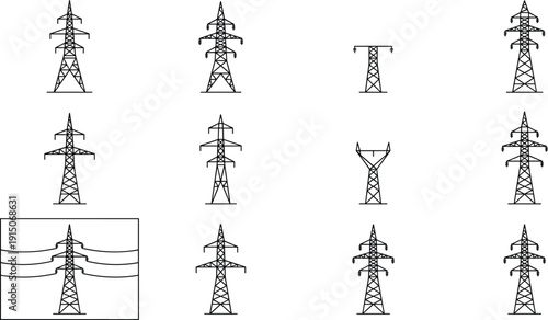 Collection of electricity transmission tower silhouettes, power line pylon vector icons set for energy infrastructure design, engineering projects, industrial illustration, technology presentations,