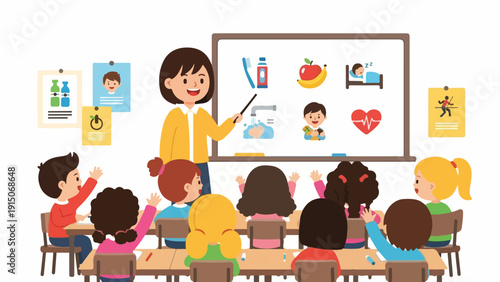 A teacher pointing to a whiteboard with educational illustrations while standing in front of a classroom of diverse students sitting at desks.