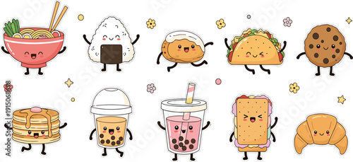 Kawaii Food Characters Set with Cute Ramen Sushi Taco Bubble Tea Pancakes and Croissant Funny Cartoon Vector Collection