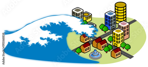 Tsunami wave hitting city