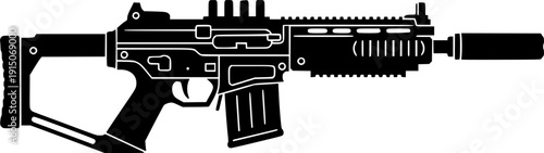 Modern Assault Rifle Silhouette - Tactical Military Firearm with Silencer Vector