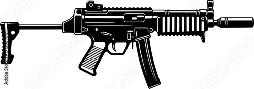 Modern Assault Rifle Silhouette - Tactical Military Firearm with Silencer Vector