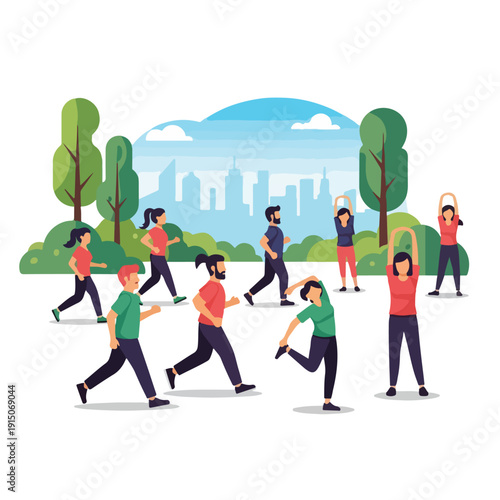 Illustration of diverse people exercising in a city park with trees and a skyline background, conveying a lively and active atmosphere.