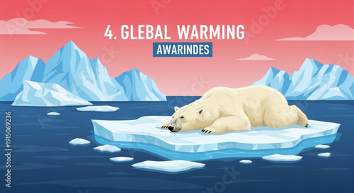 Polar bear sleeping on melting iceberg with global warming text symbolizing climate change and its impact on arctic wildlife in a digital illustration