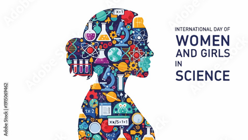 Colorful illustration of a woman's head and shoulders made of science and math symbols for International Day of Women and Girls in Science with a vibrant and educational mood.
