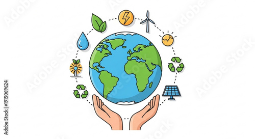 Hands cradling earth globe with eco friendly renewable energy symbols and sustainable icons around it