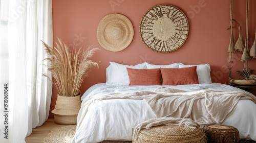A cozy urban retreat with a plush queen bed, eucalyptus pink walls, and natural woven baskets used as chic wall decor for a subtle rustic element.