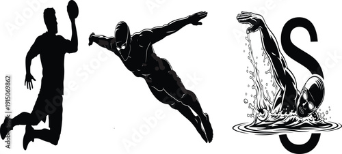 Silhouette of athletes in action with a sea creature