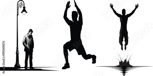 Silhouettes of men in motion by a water fountain