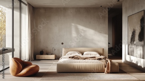 A cozy modern bedroom with an inviting beige seating area, smooth concrete walls, polished wooden floors, and an airy, light-filled ambiance