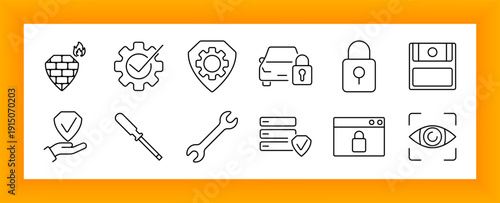 Cybersecurity set icon. Firewall, shield, gear, lock, car, floppy disk, wrench, screwdriver, server, browser, visibility, protection icons in outline form.