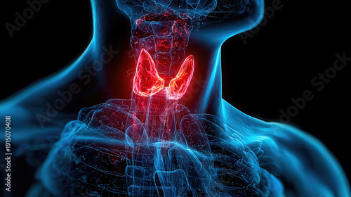 Anatomically accurate red 3D image of the thyroid gland inside the throat of a transparent blue hologram of the human body on a black background, X-ray, endocrinology, larynx