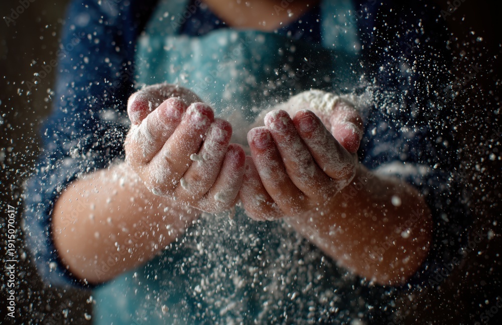 Fototapeta premium Closeup of child hands clapping flour dust in kitchen