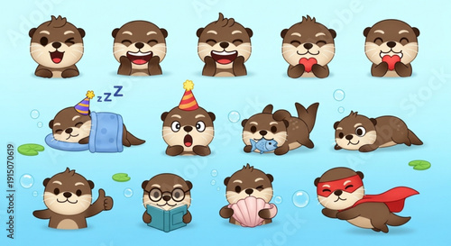 Adorable otter emoticon faces and poses for digital design