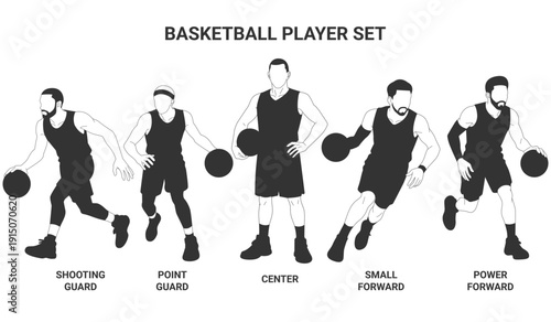 Bundle design illustrations basketball player from various position. Silhouette design basketball athlete with multi role formation. Professional sportsman vector art.