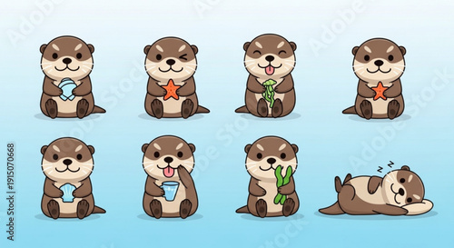 Cute otters holding seashells starfish and seaweed in ocean