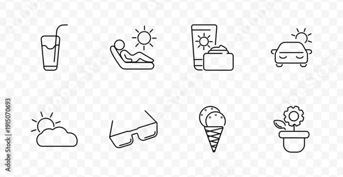 Summer vacation set icon. Drink with straw, sunbathing figure, sunscreen bottles, car with sun, cloud with sun, sunglasses, ice cream, potted plant, all in outline style.