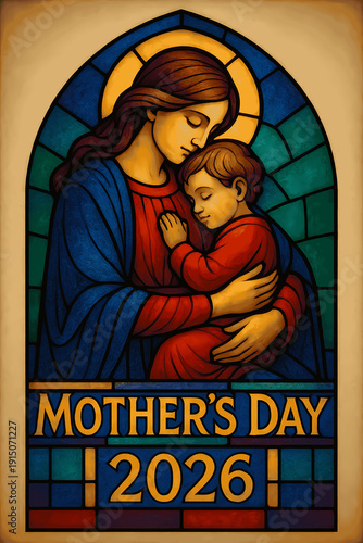 A stained glass image of a mother and child celebrating Mother's Day in 2026