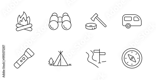 Camping set icon. Campfire, binoculars, axe with stump, camper, flashlight, tent, map with sign, compass drawn in outdoor activity line style.
