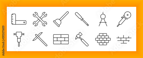 Construction tools set icon. Wrench, screwdriver, ruler, trowel, compass, plunger, rotary cutter, drill, hammer, pickaxe, brick wall, and alignment lines drawn in outline style.