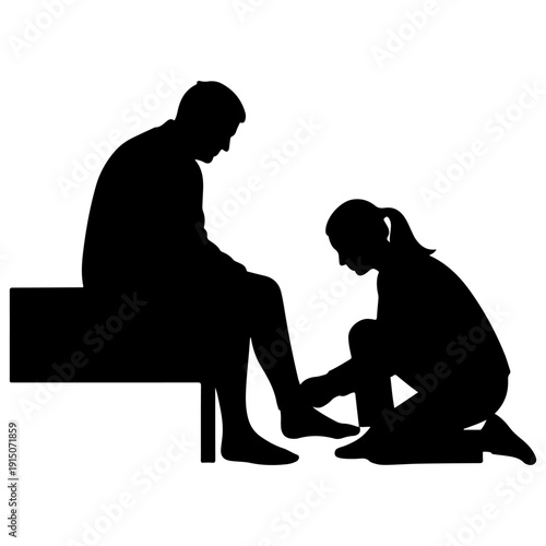 Doctor Tends Patient Foot Care, Vector Silhouette Flat Design Illustration