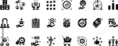 Retail Business Sales Marketing and Customer Loyalty Solid Icons Set