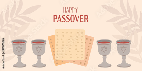 Happy Passover greeting card with matzah and wine cups. Minimal flat illustration for Jewish holiday celebration, invitations, posters and social media designs.