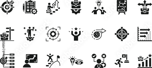 Business Strategy Planning and Goal Management Solid Icons Set
