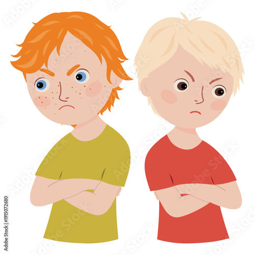 Angry Boys, Kids Emotion Illustration. Two Boys Crossed Arms, Angry Expression Vector