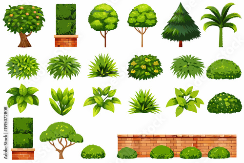 Collection of diverse green trees and shrubs isolated on white background