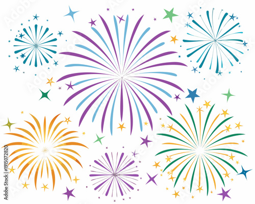 Colorful fireworks burst in a celebratory display against a white background
