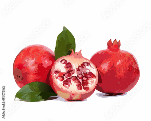 A colorful illustration depicting whole and halved pomegranates with green leaves