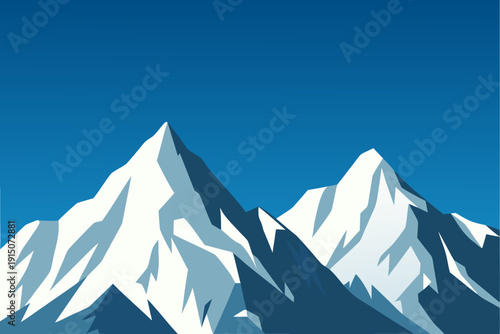 Stylized depiction of snow capped mountains against a clear blue sky