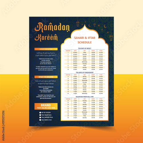 Ramadan Kareem Prayer Time Table Template Islamic Schedule Poster Design