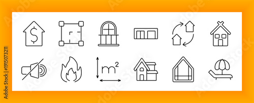 Real estate and house set icon. Homes, floor plans, windows, fires, beach chairs, and measurements outlined to depict housing, interior, and architectural features.