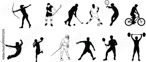 Athletes silhouettes set in different sports actions, collection of active players isolated on white background, dynamic vector illustration