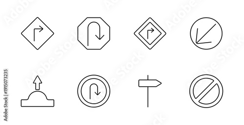 Road sign set icon. Right turn, U-turn, restriction, slope, street direction, prohibition, navigation, road safety, traffic control, vehicle movement.