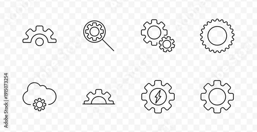 System setting set icon. Icons display single gear, magnified gear, dual gears, circular gear, cloud gear, and powered gear for interface and mechanical function control.