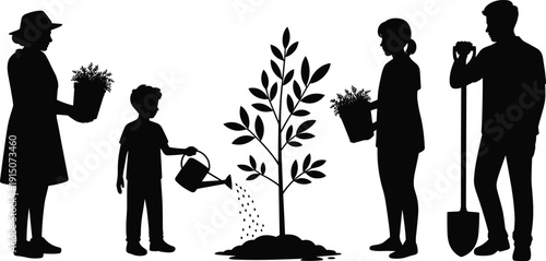 Black silhouette family planting tree together, parents and children gardening activity, environmental care concept isolated on white background vector