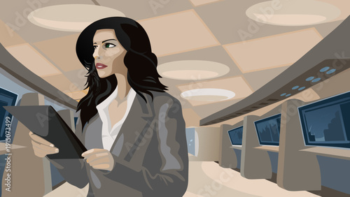 A Latina woman with a contemporary executive style, tablet in hand, analyzing financial data in a technological environment illuminated by soft blue light.