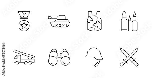 Military set icon. Medal, tank, vest, bullets, rocket launcher, binoculars, helmet, swords, soldier, battle, gear, armor, strategy, force, weapon, defense.